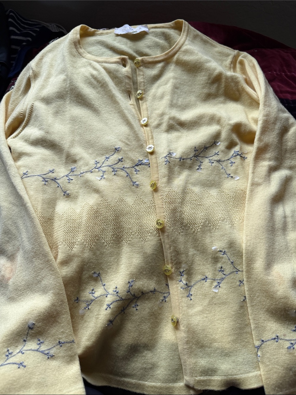Escada Pale Yellow Cardigan with Blue Floral Embroidery